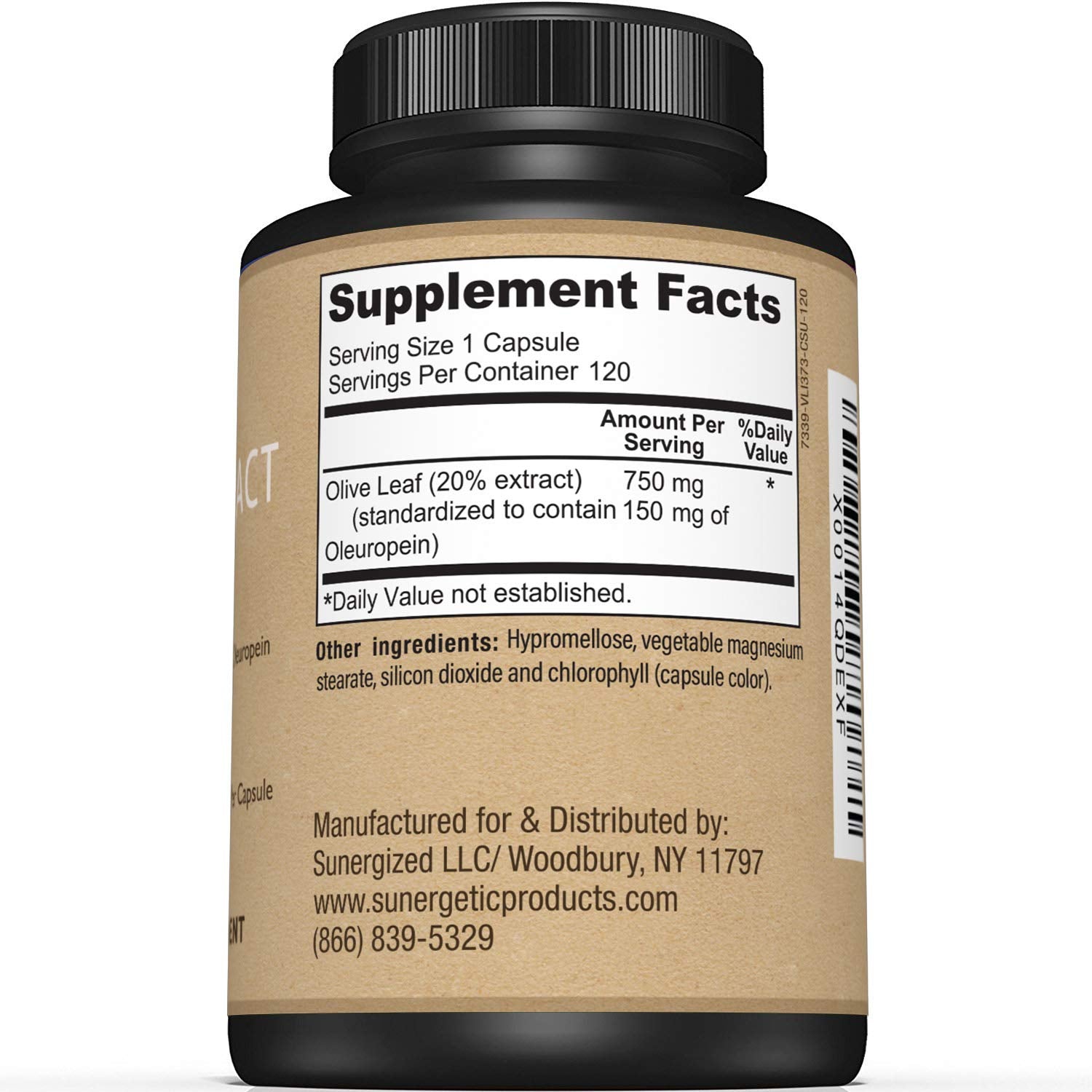 Sunergetic Olive Leaf Extract supplement facts panel showing 20 percent Oleuropein concentration