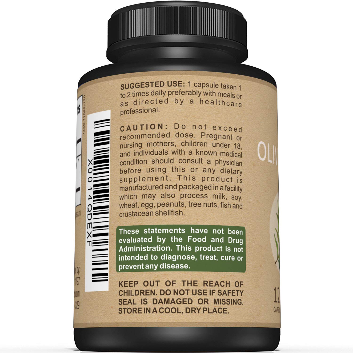 Side profile of Sunergetic Olive Leaf capsules bottle highlighting 120 count vegetarian pills