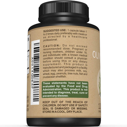 Side profile of Sunergetic Olive Leaf capsules bottle highlighting 120 count vegetarian pills