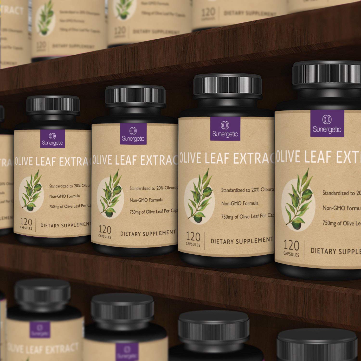 Authentic USA imported Sunergetic Olive Leaf Extract packaging displaying non GMO certification