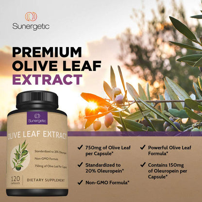 Sunergetic Premium Olive Leaf Extract container showing safety seal and manufacturing guidelines