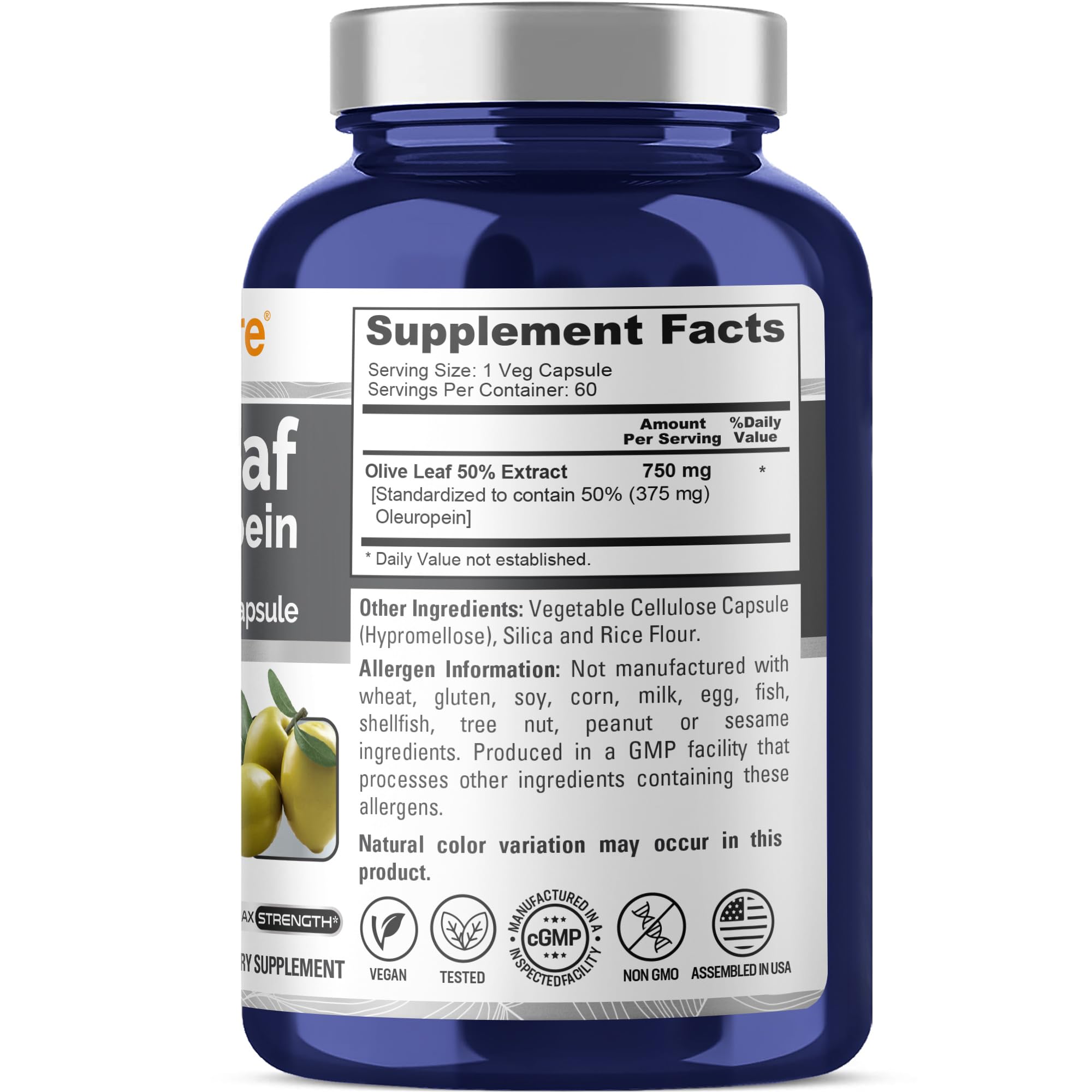 NusaPure Olive Leaf Extract 60 vegan capsules packaging highlighting fifty percent oleuropein concentration.