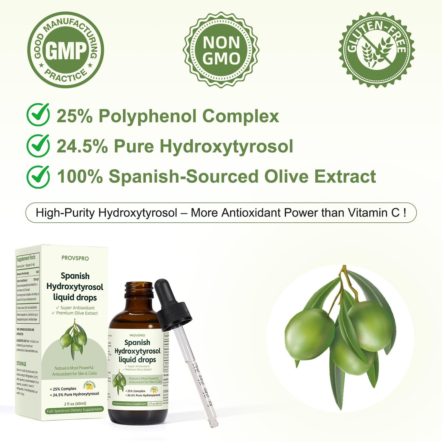 Close up of the dropper mechanism for Provspro Hydroxytyrosol liquid showcasing accurate single milliliter dosing
