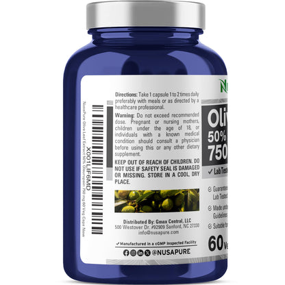 Back label of NusaPure Olive Leaf Extract showing nutritional facts and clean vegetarian ingredients list.