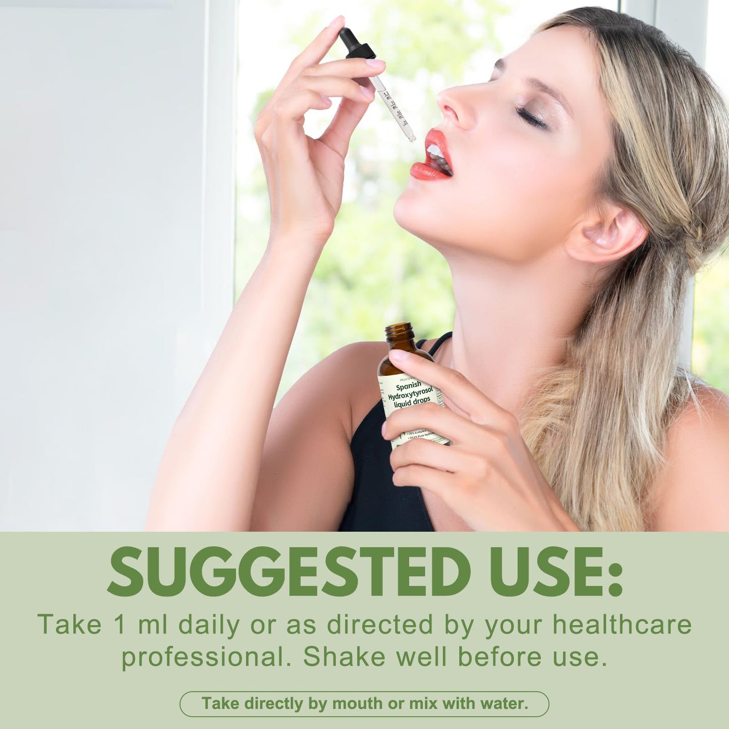 Angled studio shot of Provspro Spanish olive extract liquid supplement bottle for anti aging wellness