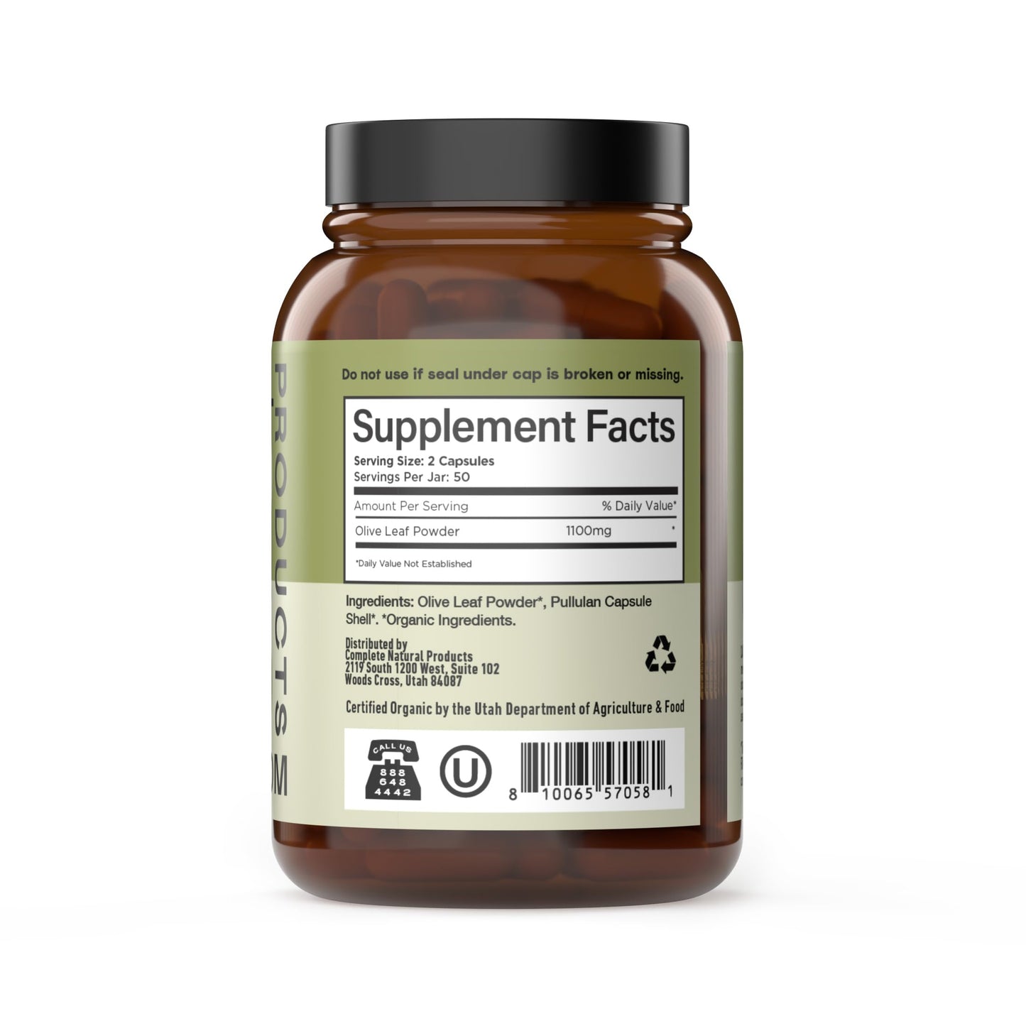 Certified USDA organic olive leaf supplement 1100mg serving size ingredient label