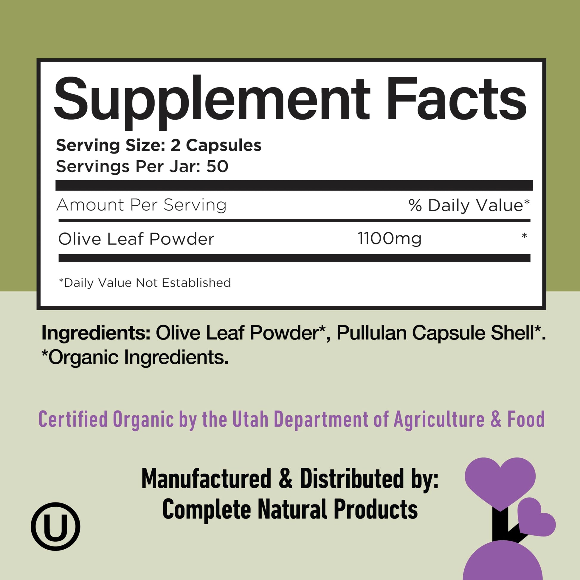 Non GMO vegan olive leaf extract capsules side panel showing directions for use