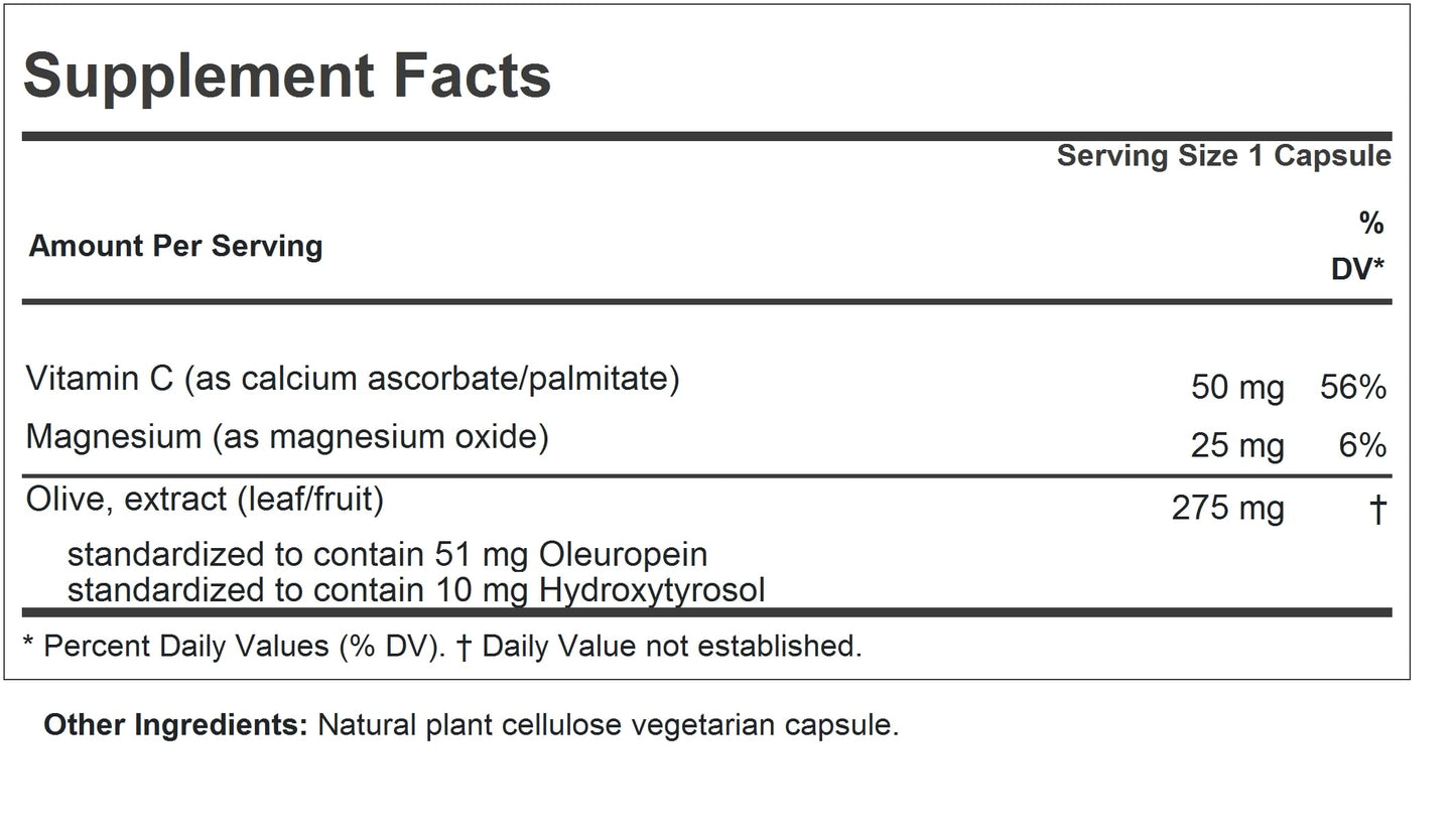 Andrew Lessman Olive Complex dietary supplement bottle displaying nutritional ingredient facts