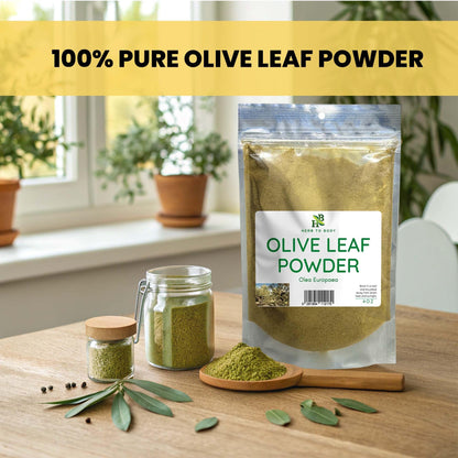 Back label view of Foodherbs Olive Leaf Powder detailing ingredients and nutritional facts.