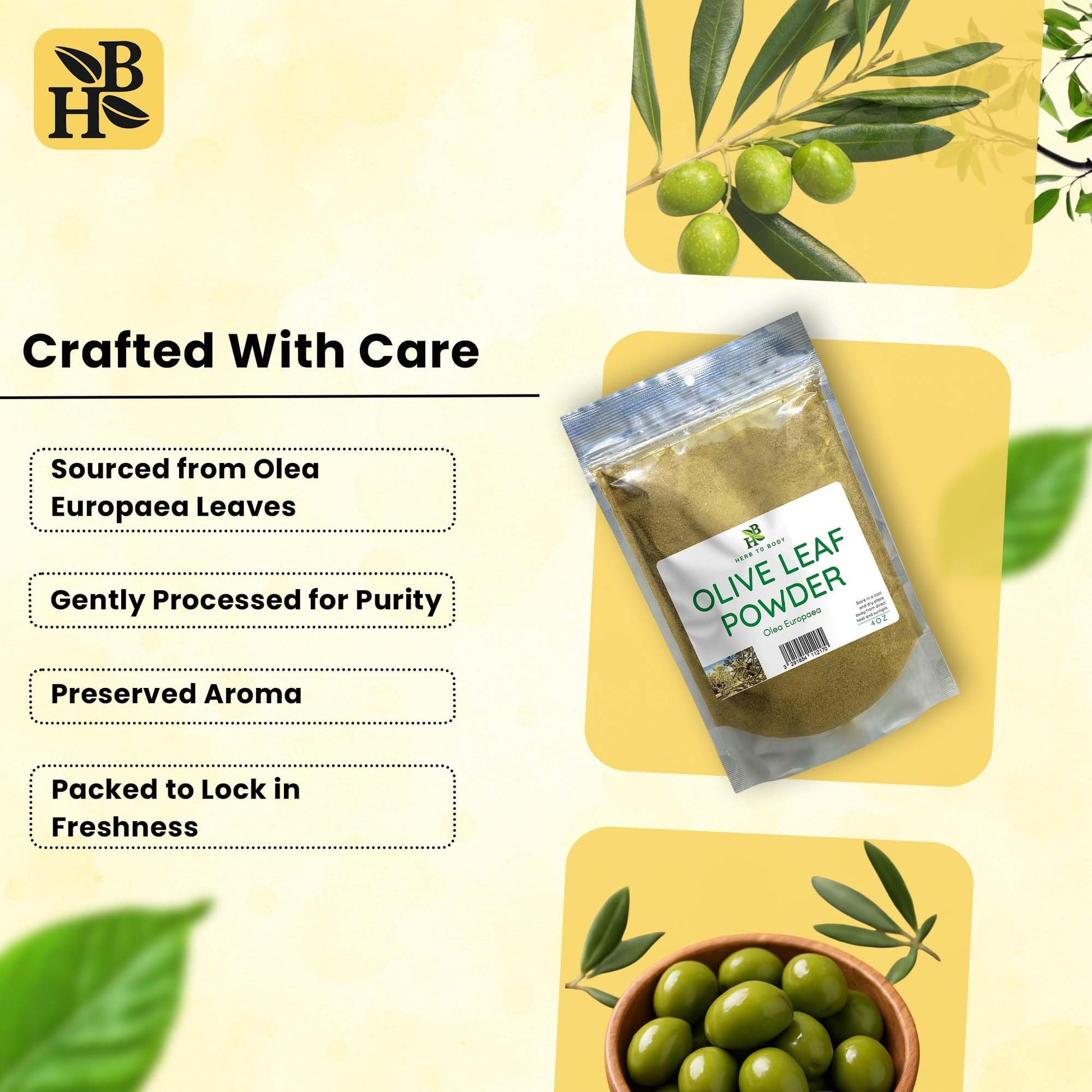 Antioxidant rich olive leaf powder next to a green smoothie indicating dietary use.