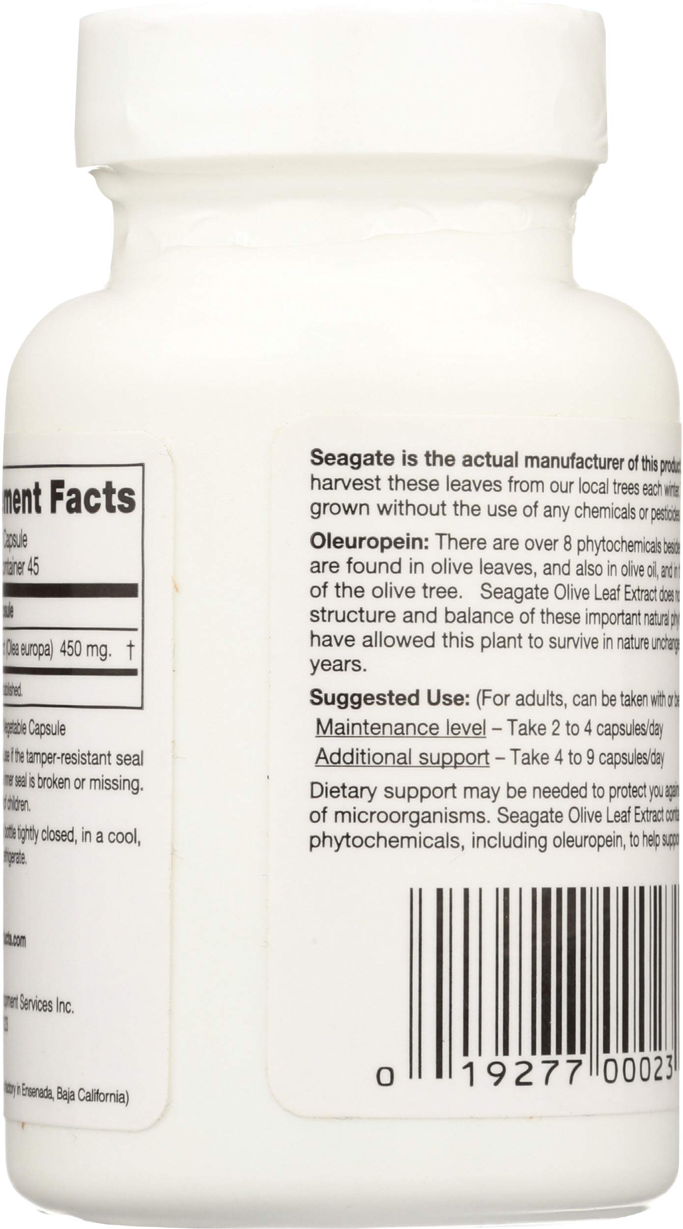 Seagate pure olive leaf extract dietary supplement packaging label showing ingredients