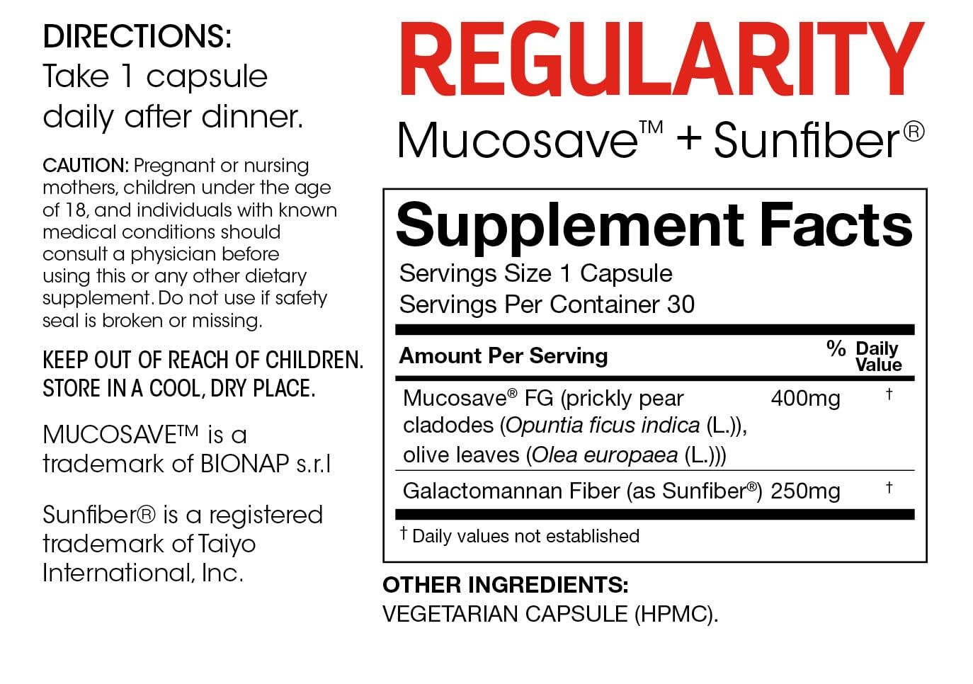 Silver Fern Brand Regularity dietary supplement side label showing Mucosave FG and Sunfiber ingredients