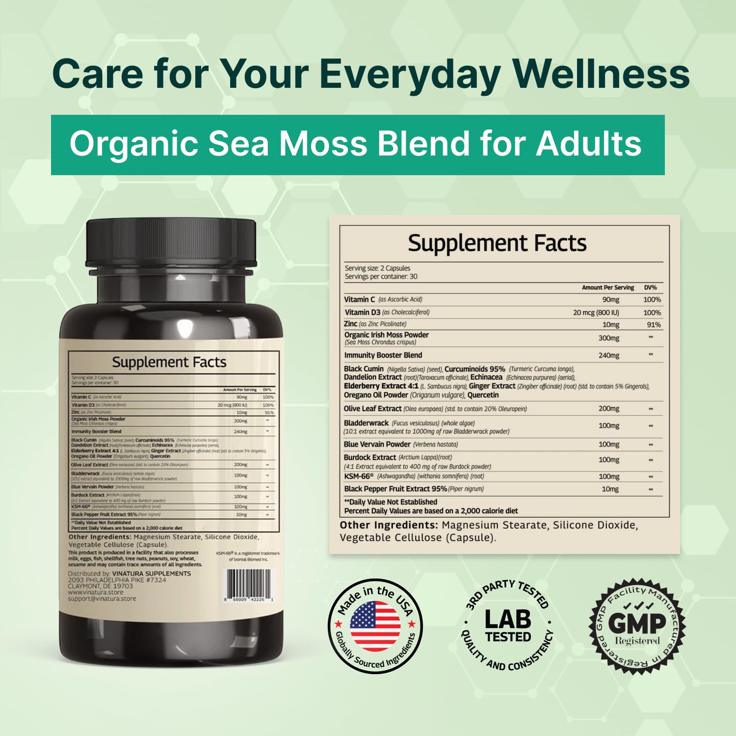 Vinatura 18-in-1 immune booster dietary supplement package showing key ingredients list.