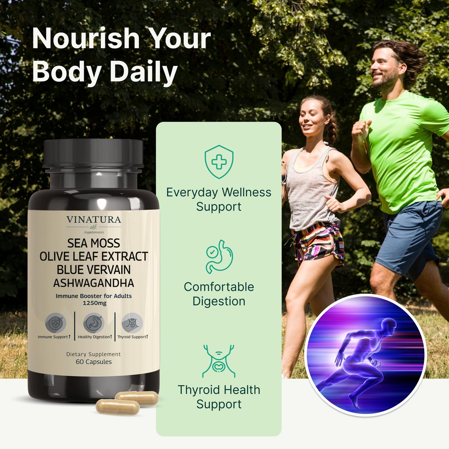 Vinatura capsule bottle highlighting the 1250 milligrams per serving immune defense formulation.
