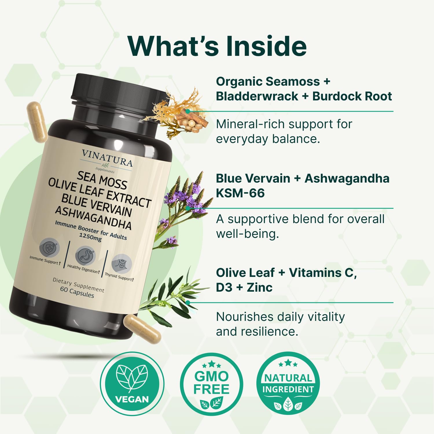 Supplement facts panel of Vinatura sea moss and blue vervain showing marine mineral dosages.