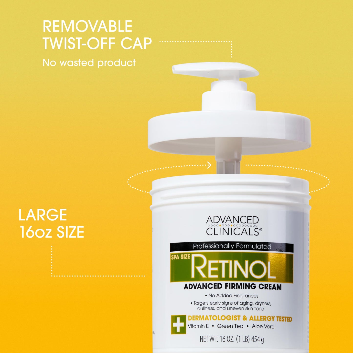 Advanced Clinicals Retinol lotion showing large spa size 454 grams product dimensions