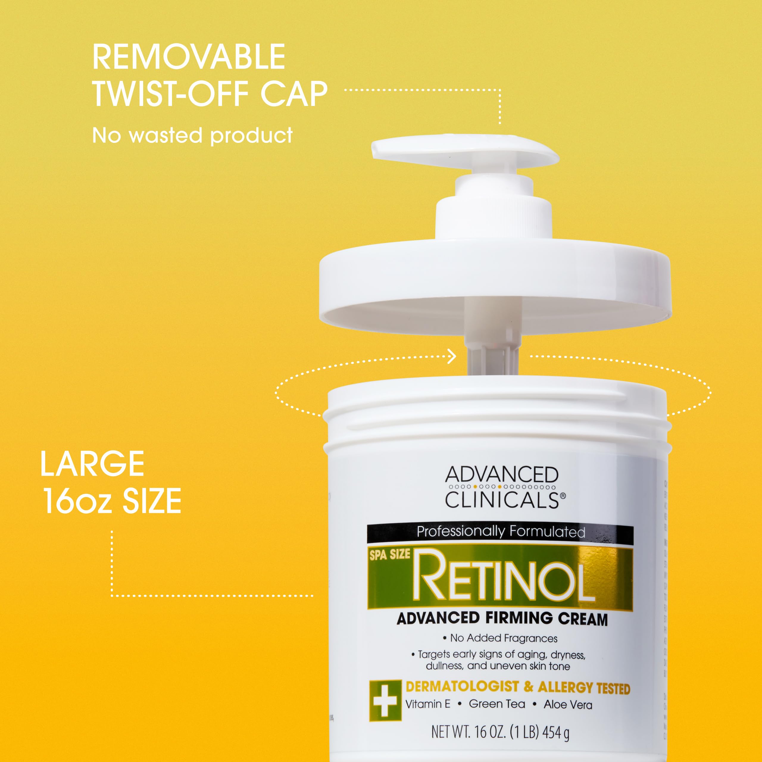 Advanced Clinicals Retinol lotion showing large spa size 454 grams product dimensions