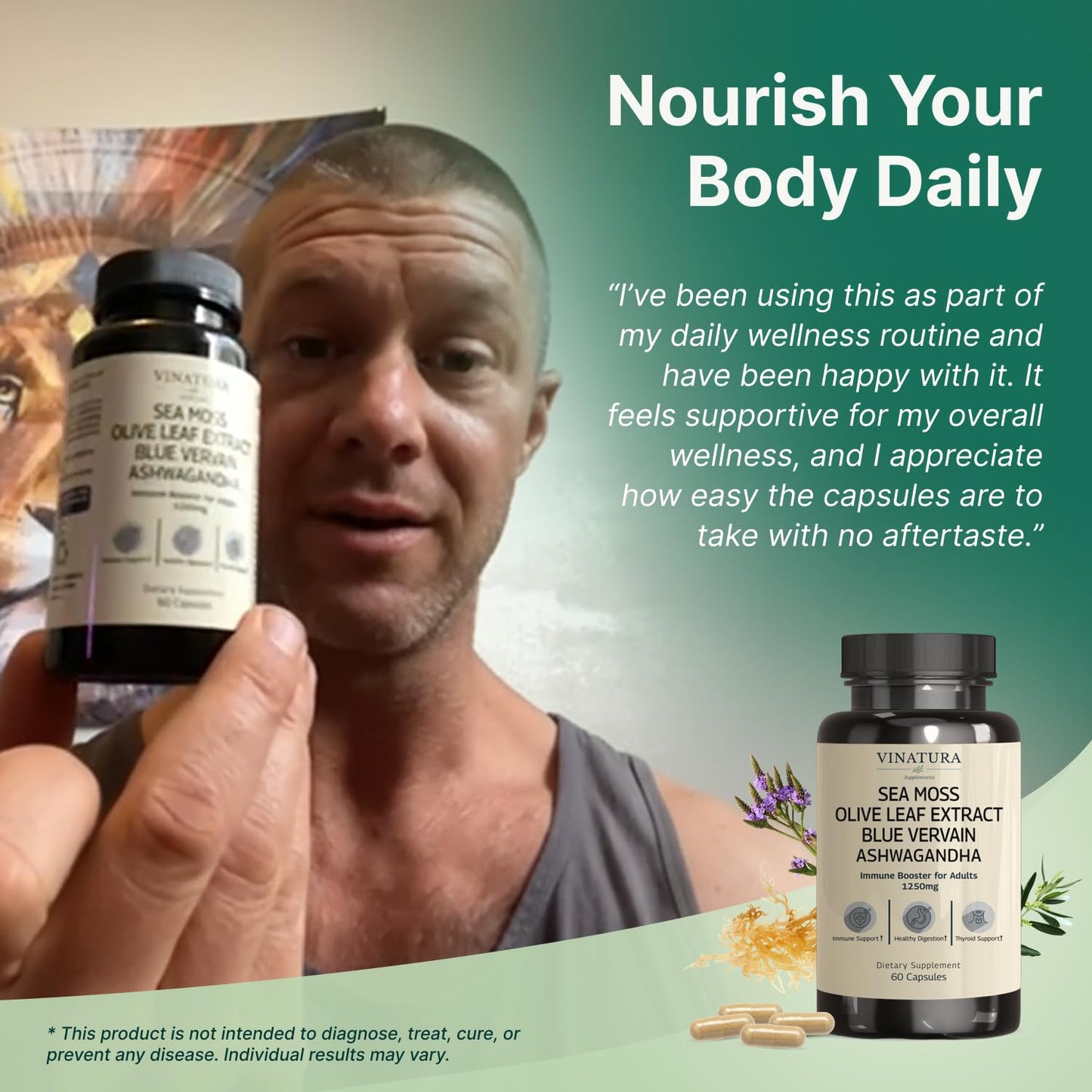 Vinatura organic wellness capsules featuring ashwagandha and black seed oil details.