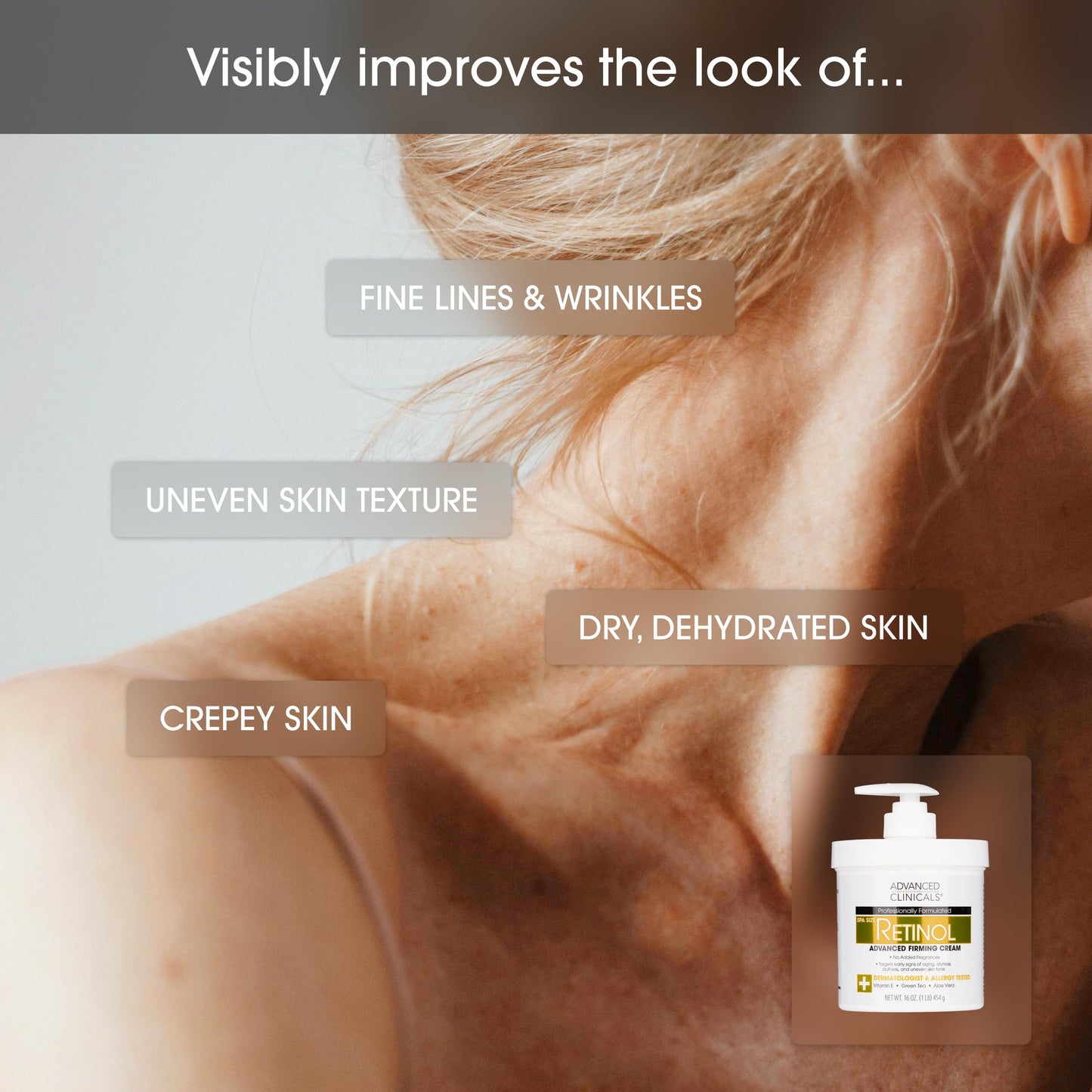 Fragrance free Advanced Clinicals Retinol formula applied on hand demonstrating smooth texture