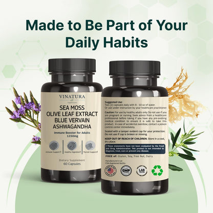 Close up of Vinatura vegan allergen free capsules next to its protective outer packaging.