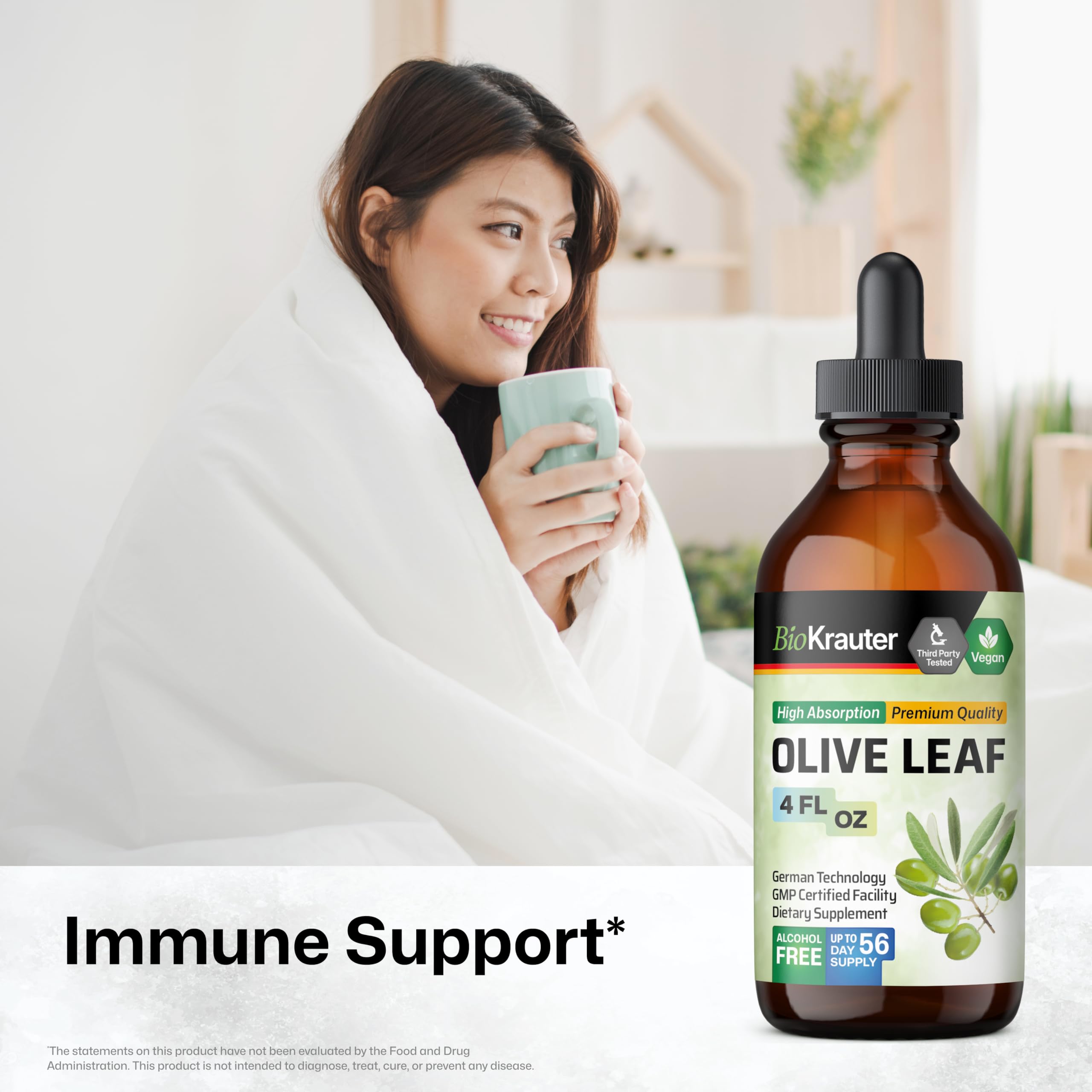 Bio Krauter Olive Leaf Tincture liquid supplement packaging highlighting immune support benefits.