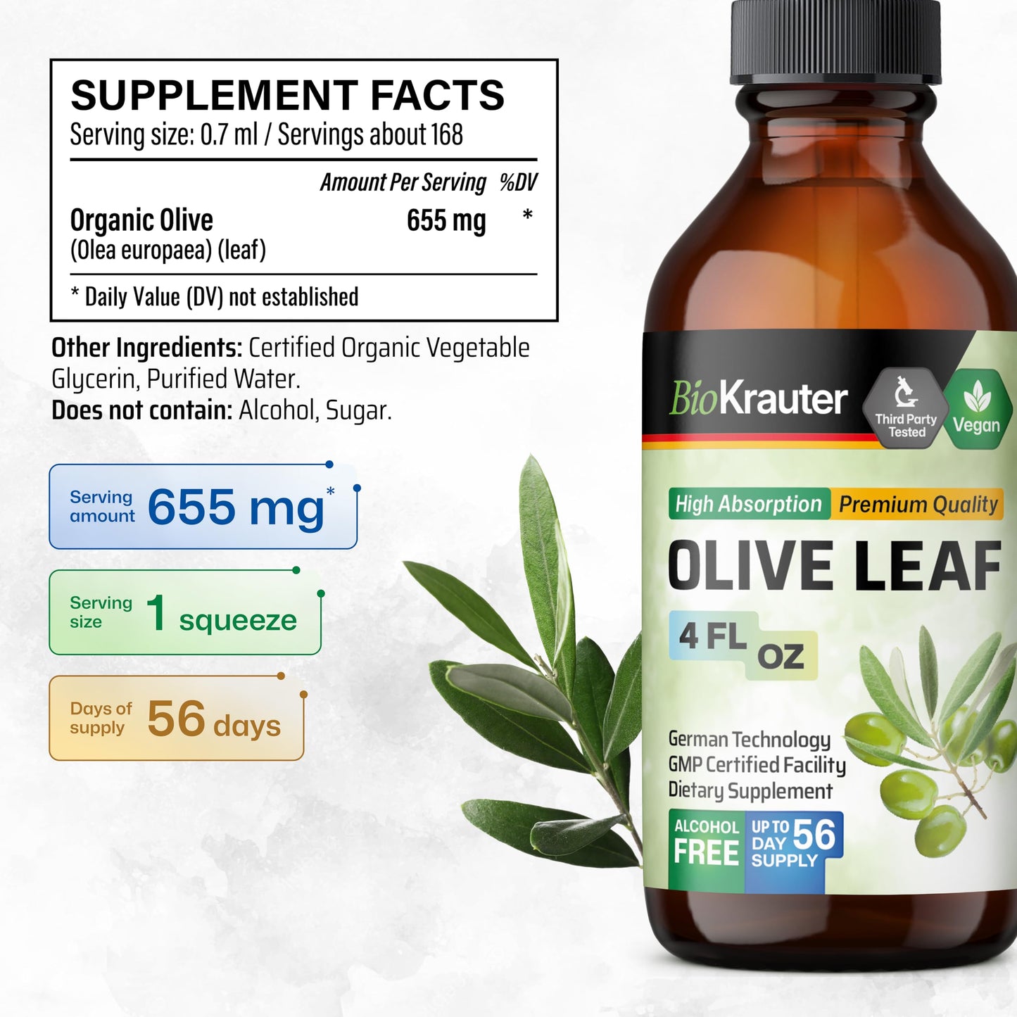 Bio Krauter premium vegan alcohol free olive leaf drops side label with ingredient facts.