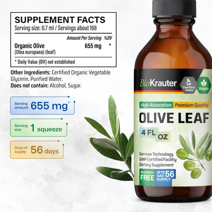 Bio Krauter premium vegan alcohol free olive leaf drops side label with ingredient facts.
