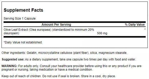Swanson Olive Leaf Extract supplement label details