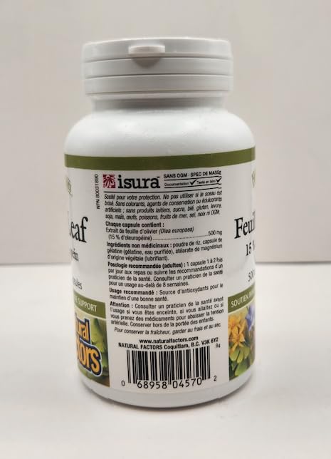 Natural Factors Olive Leaf bottle side view showing ingredients