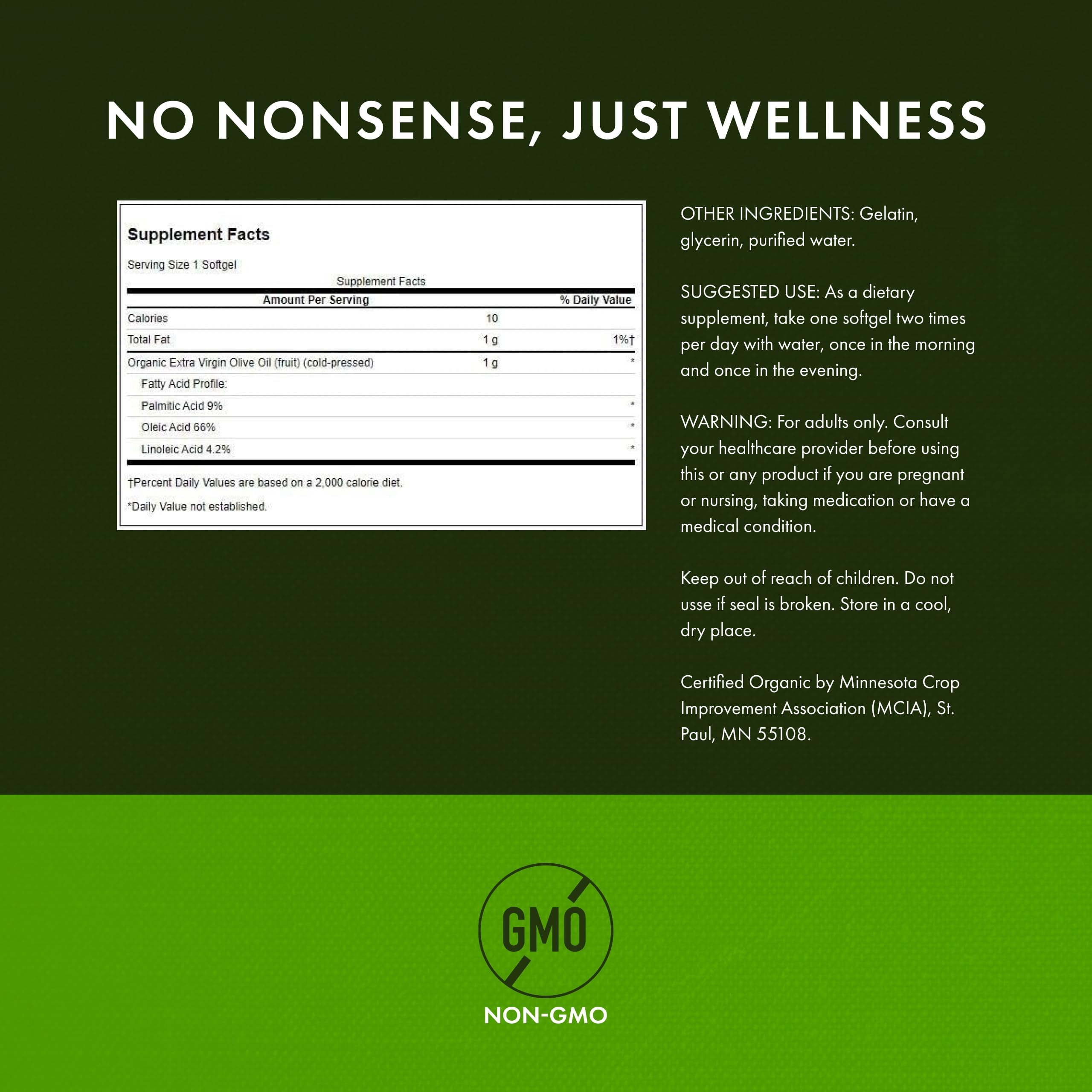 Swanson cold-pressed certified organic olive oil supplement showing supplement facts and ingredient label