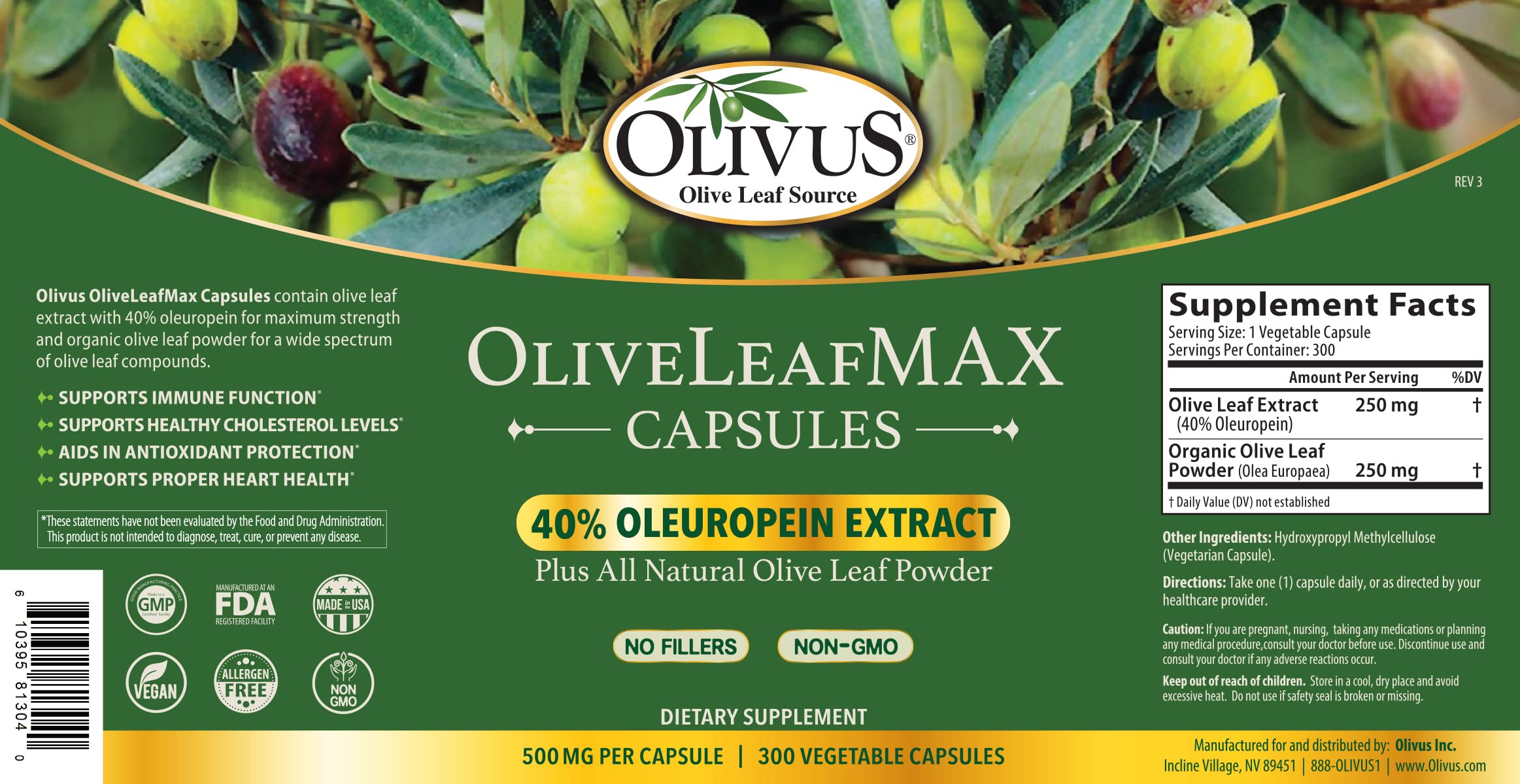 Olivus high potency olive leaf extract supplement bottle displaying forty percent oleuropein content.