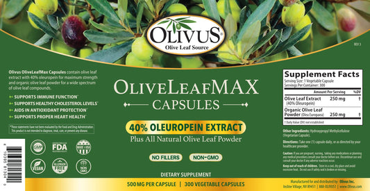 Olivus high potency olive leaf extract supplement bottle displaying forty percent oleuropein content.