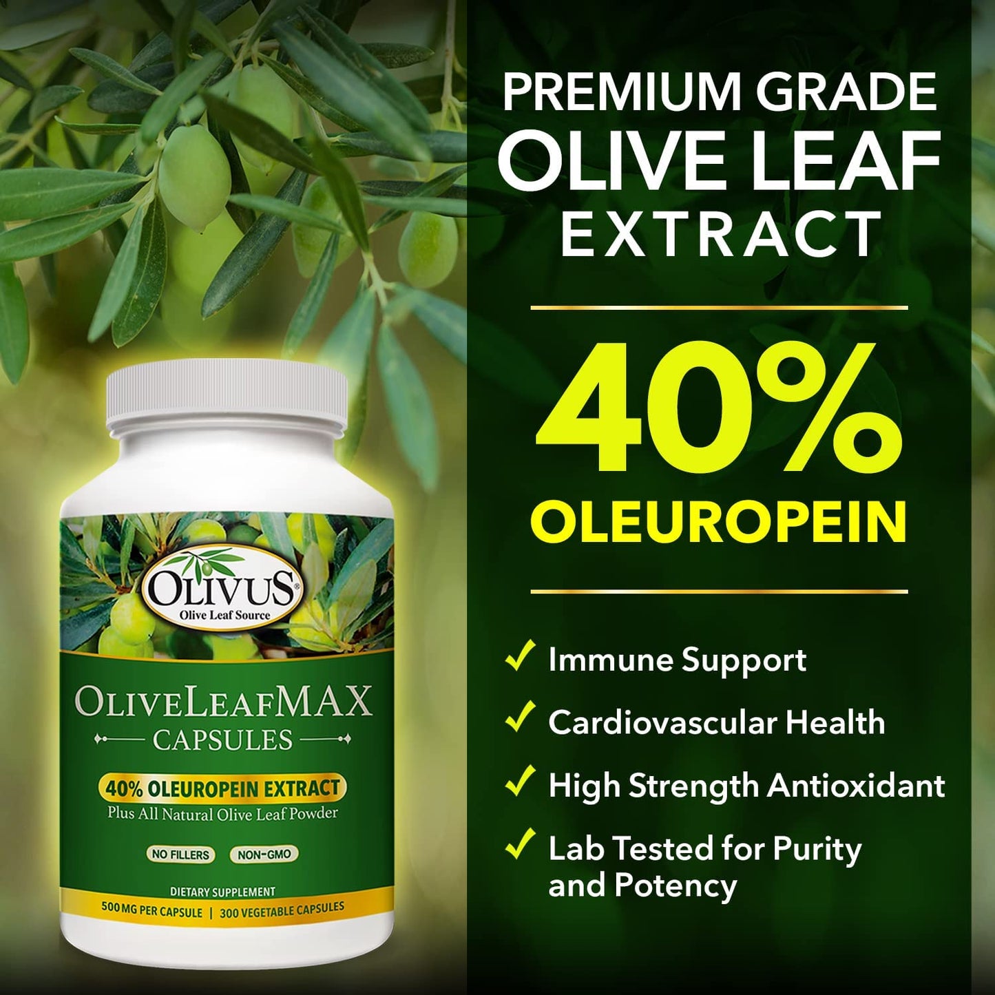 Side profile of Olivus dietary supplement showing ingredients list and zero fillers claim.