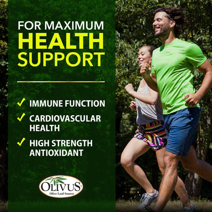 Authentic imported Olivus capsules container highlighting Spanish sourced organic olive leaf powder.