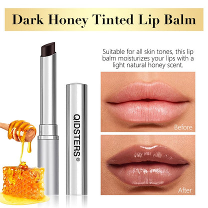 Qidsters sheer hydrating lip stain bullet showing the rich pink honey product texture.