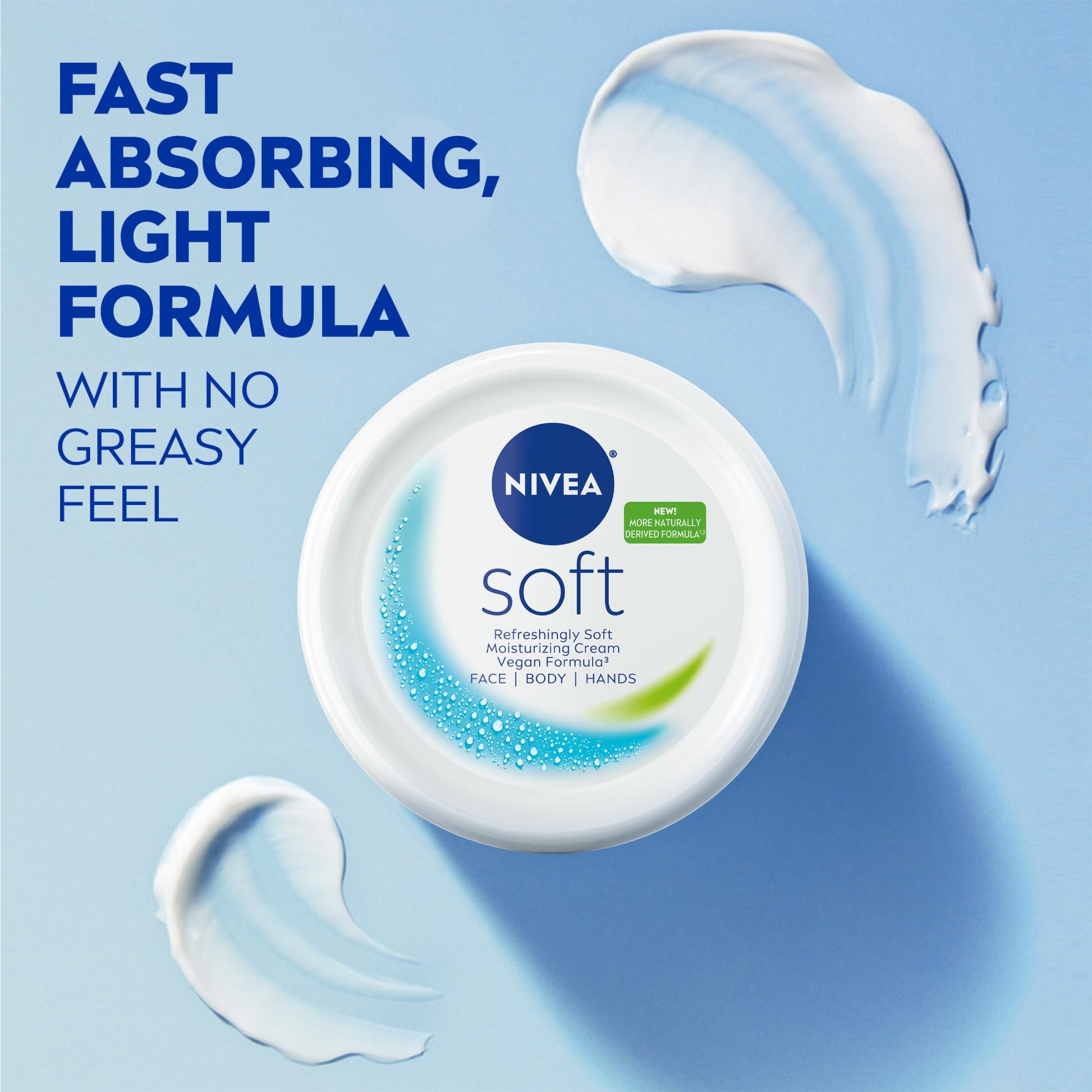 NIVEA Soft non greasy daily moisturizer cream being applied onto a clean hand showing rapid absorption.