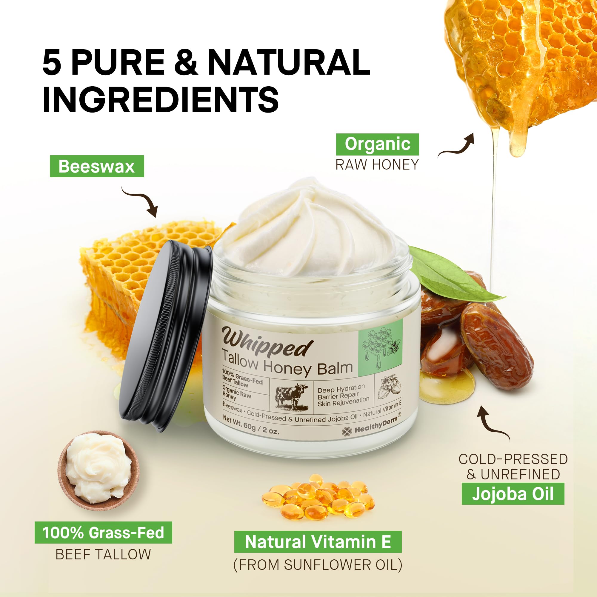 HealthyDerm Whipped Tallow Honey Balm open jar showcasing the airy texture