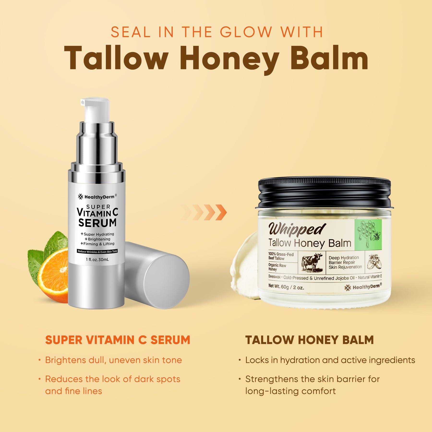 HealthyDerm Tallow and Honey face cream packaging showing organic ingredients list
