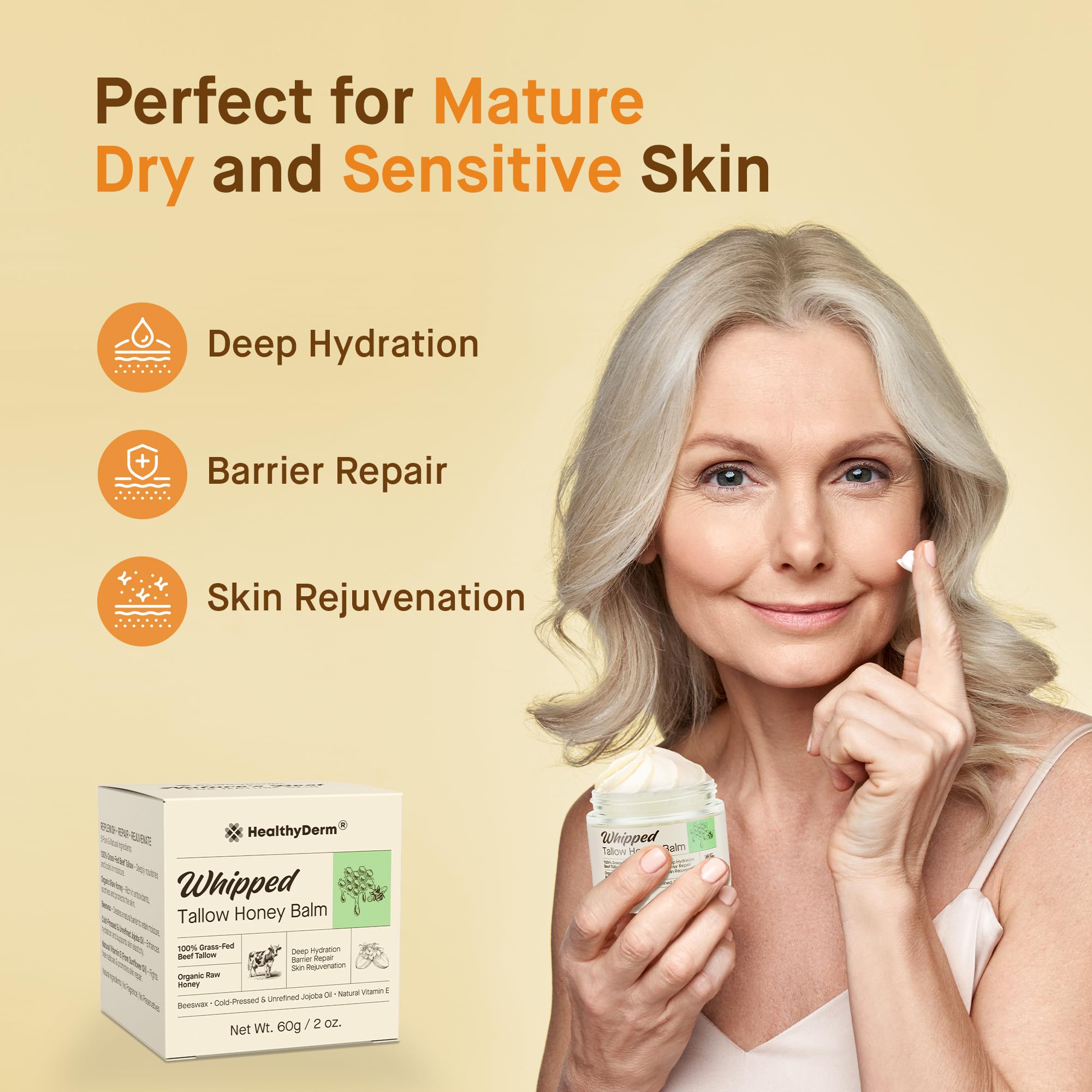 HealthyDerm 100% grass-fed beef tallow balm lifestyle display for skincare routine