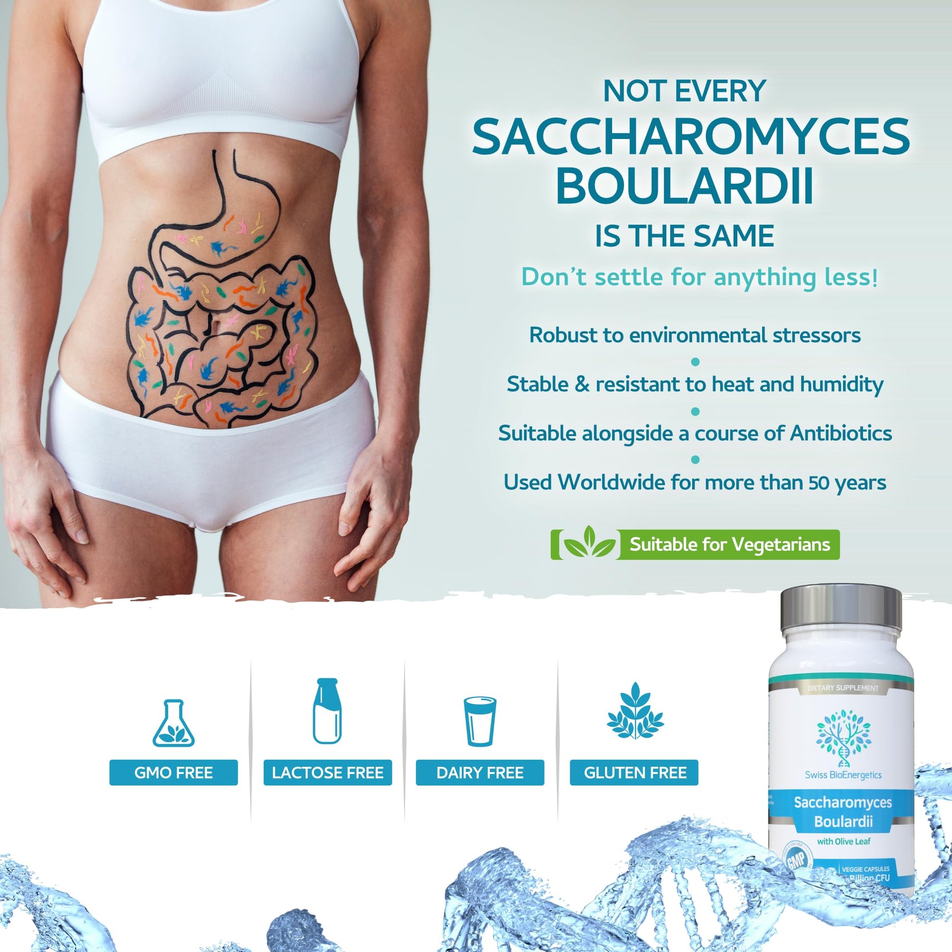 Vegetarian gut health supplement showing clean ingredients and UK manufacturing seal
