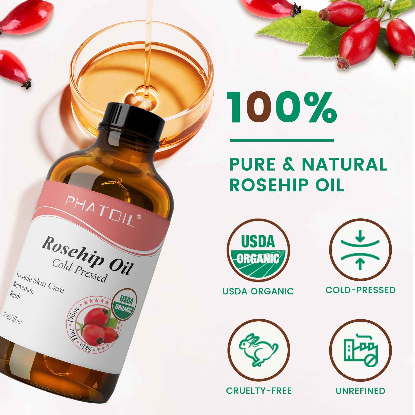 Pure cold pressed rosehip seed oil showing packaging details and USDA organic seal