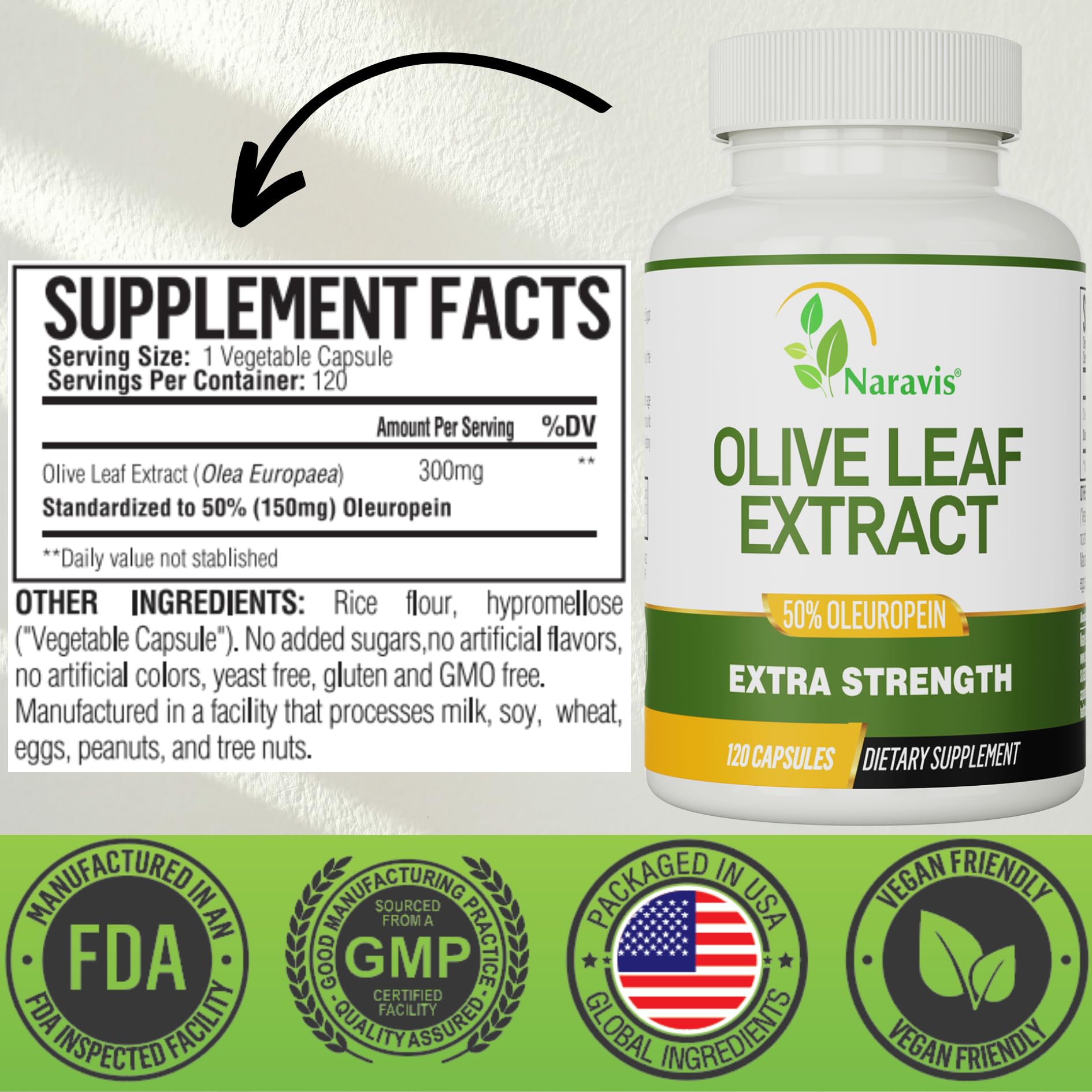 Naravis 50 percent oleuropein supplement bottle illustrating the non GMO and vegan verified labels