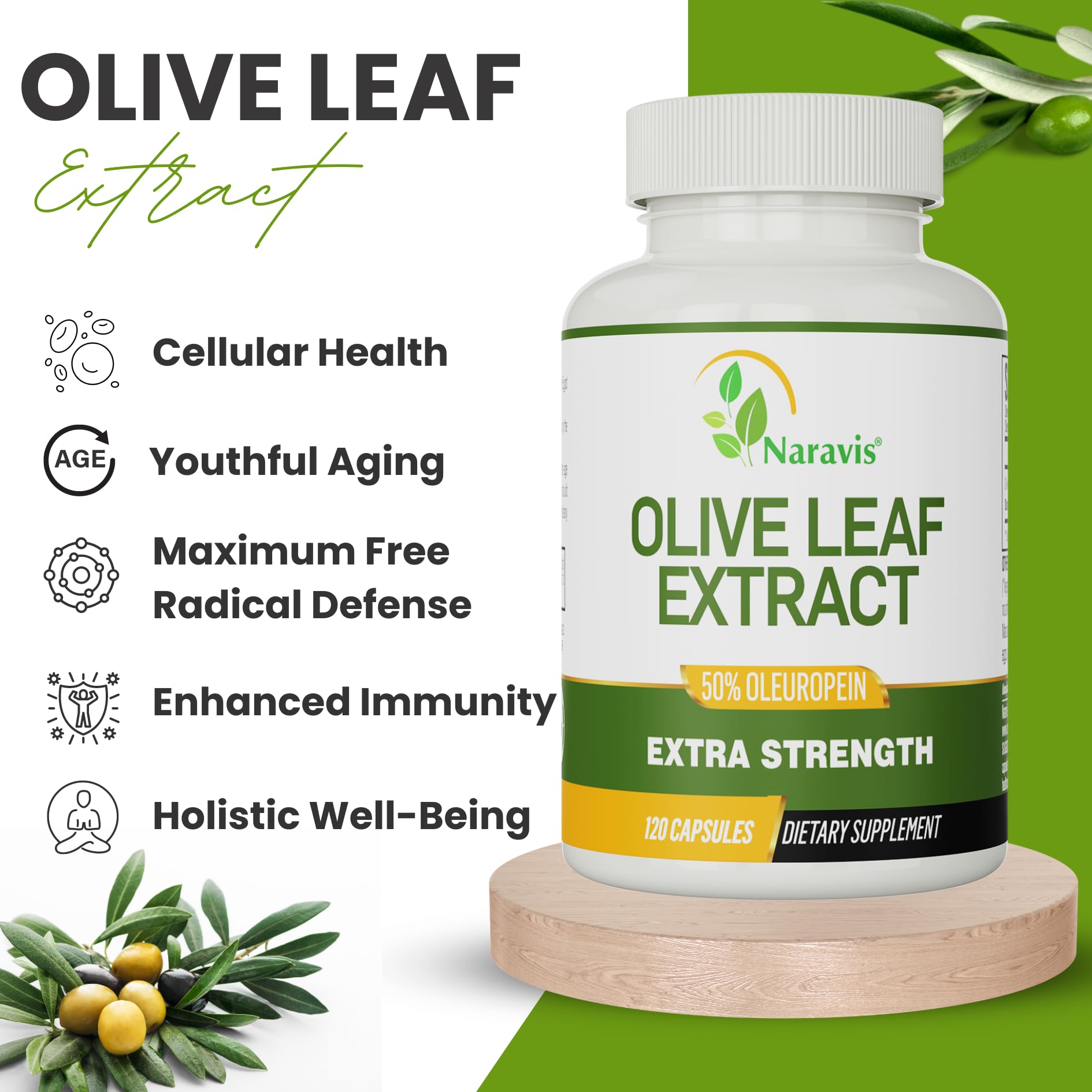 Close up of the nutritional facts on the Naravis olive leaf extract capsule container