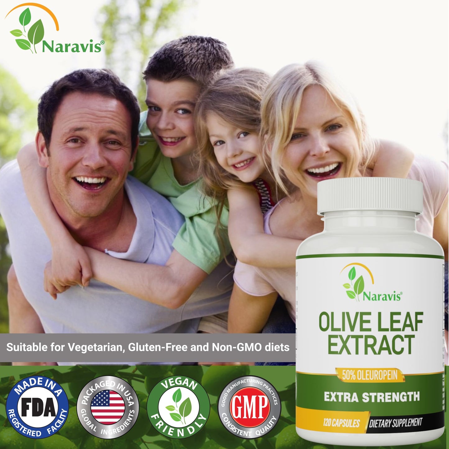 Naravis olive leaf extract 120 vegetarian capsules showcasing a four month supply
