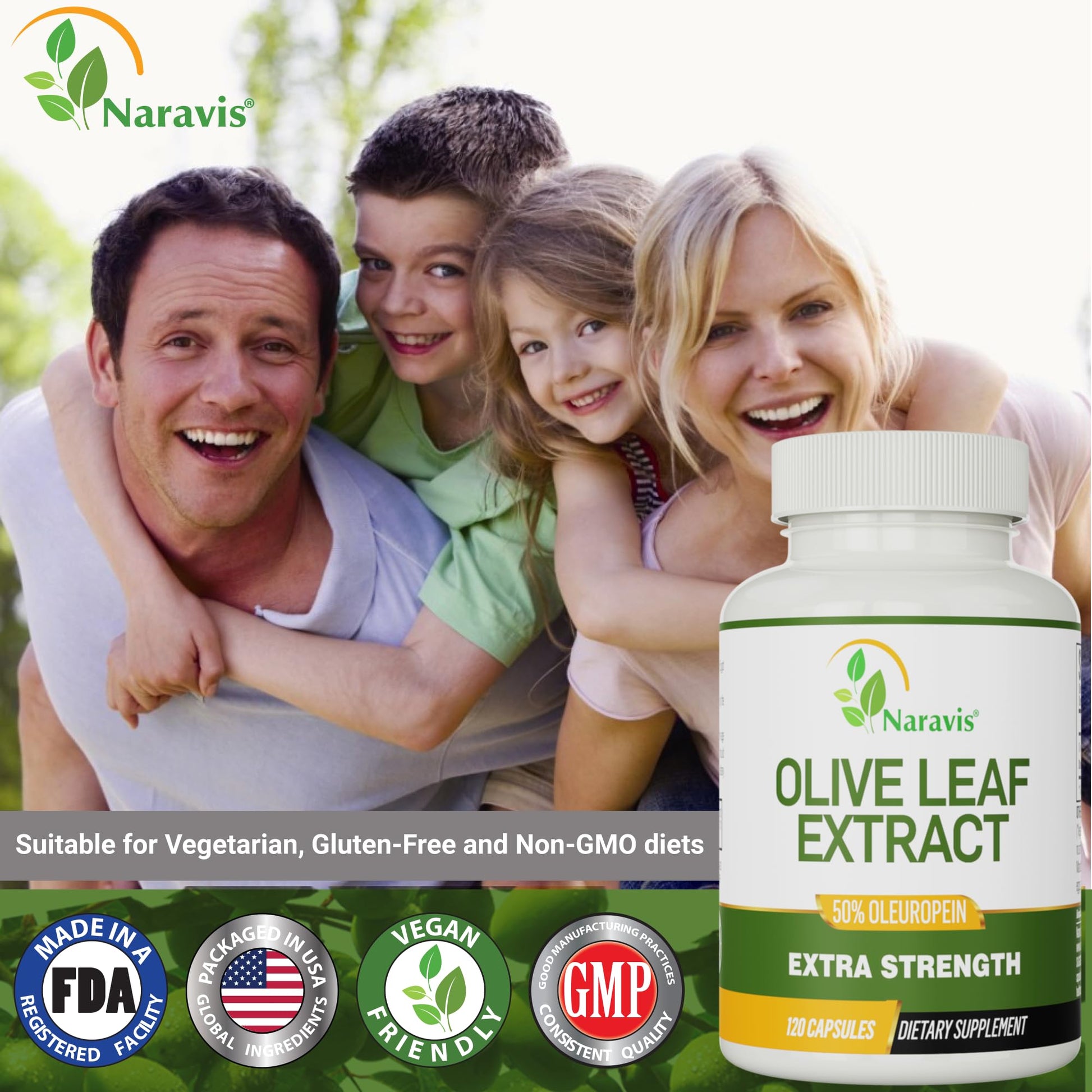 Naravis olive leaf extract 120 vegetarian capsules showcasing a four month supply
