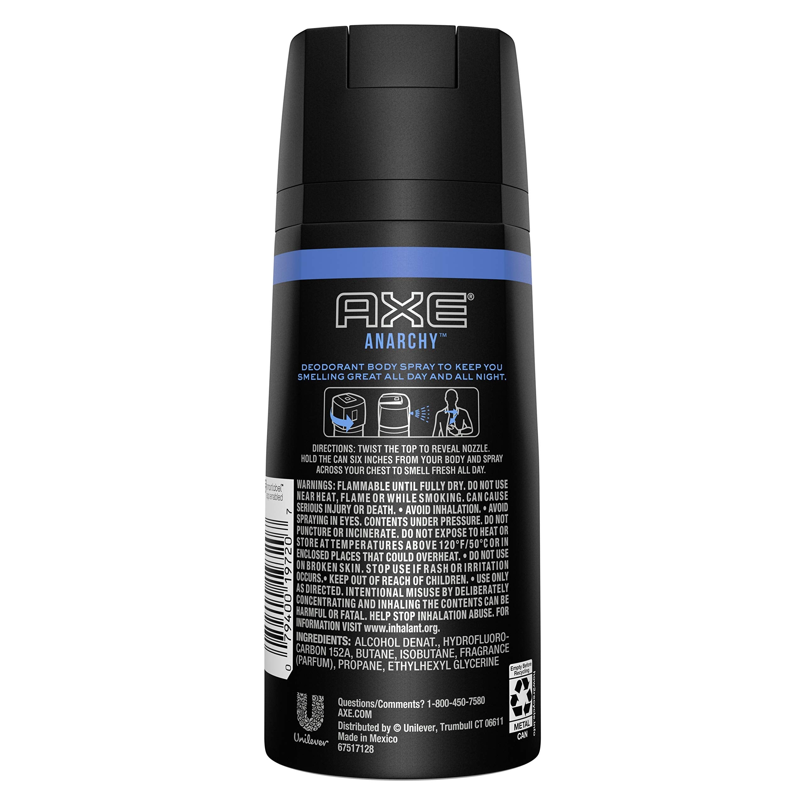 Axe Anarchy deodorant body spray pack of four displaying the sandalwood and white amber product labeling.