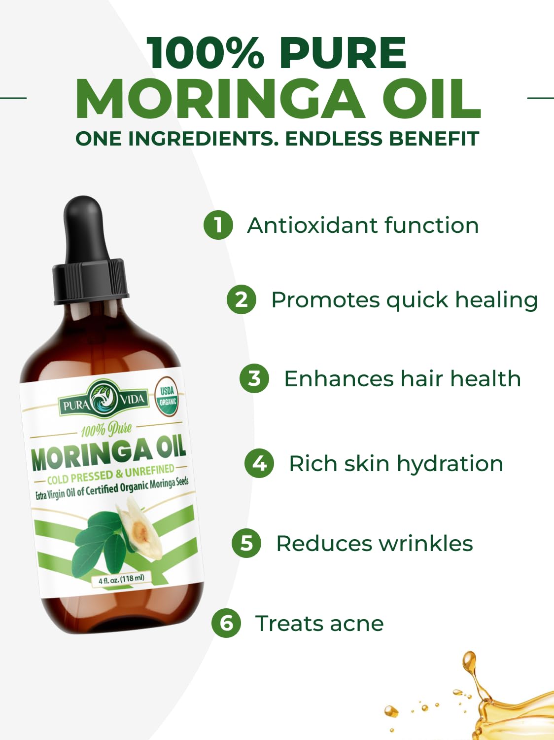 Pure cold pressed unrefined moringa oil liquid texture demonstration highlighting its golden color and lightweight consistency for facial hydration