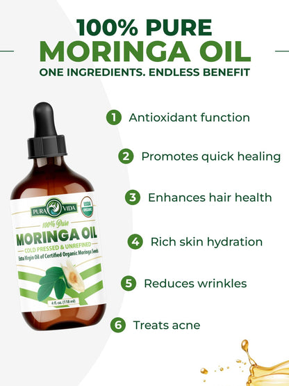 Pure cold pressed unrefined moringa oil liquid texture demonstration highlighting its golden color and lightweight consistency for facial hydration