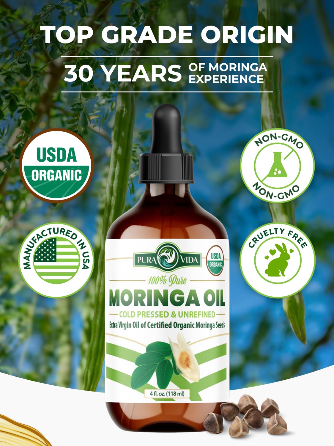 Back label view of Pura Vida single origin moringa oleifera seeds extract showing product safety information and clean ingredients list
