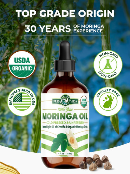 Back label view of Pura Vida single origin moringa oleifera seeds extract showing product safety information and clean ingredients list